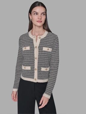 Karl Lagerfeld Cream & Black Striped Knit Cardigan